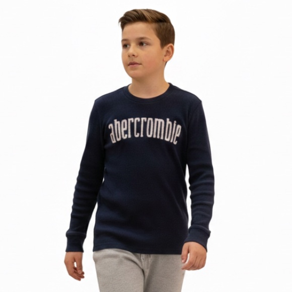 Abercrombie Navy Blue White Logo Long Sleeve Shirt Youth Boy 15/16 XL Activewear